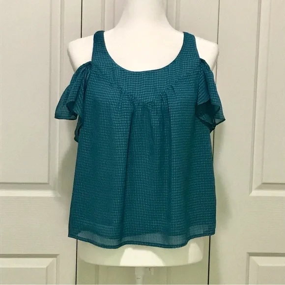 Anthropologie Maeve Tavin Turquoise Cold Shoulder Ruffle Blouse 4P - Picture 3 of 15